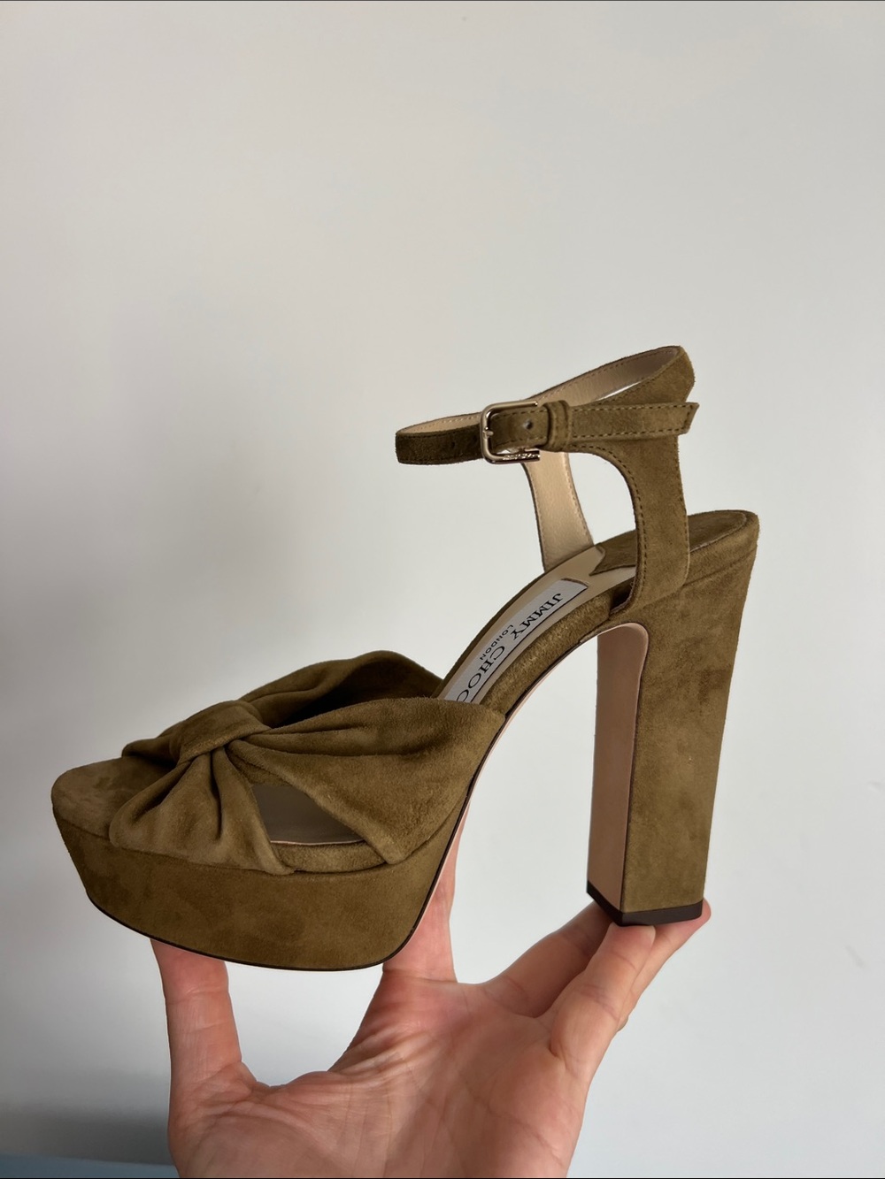 Jimmy Choo heloise 120 muted green suede knot open toe block heels sandals 37 - Picture 9 of 12